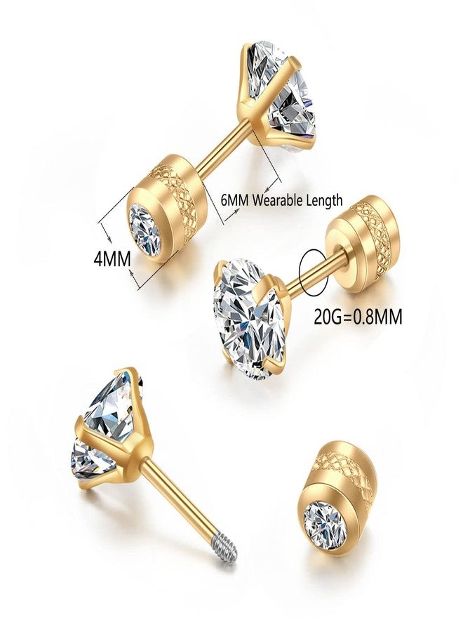 Renkovte Dainty Flat Screw Back CZ Stud Earrings for Women,Safety Screw on Flatback Cartilage Earrings Helix Earrings Hypoallergenic for Women Men(4mm CZ, Gold) - Image 2